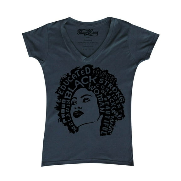 Shop4Ever Women's African American Woman Afro Word Cloud Slim Fit V-Neck T-Shirt X-Large Charcoal