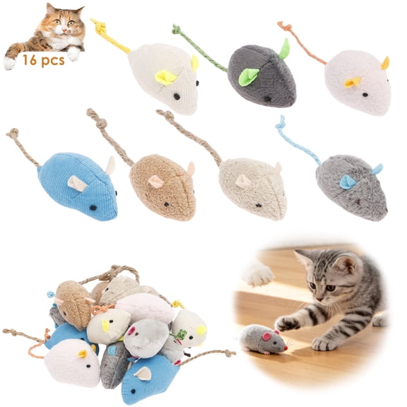 16 Pack Interactive Cat Mice Toy Plush Catnip Mouse Shaped Biting Toy for Indoor Cat and Kitten Realistic Design in 8 Colors