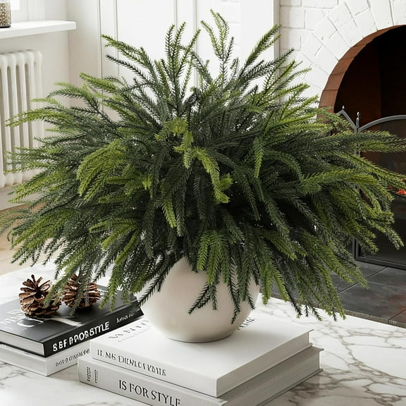 JEWLALO 12Pcs Christmas Norfolk Pine Stems, 18'' Long Artificial Evergreen Norfolk Pine Branches, Real Touch Greenery Picks, Faux Floral Branch for Mantel DIY Xmas Home Indoor Christmas Decorations