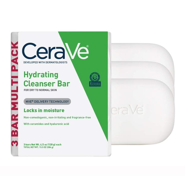 CeraVe Barra hidratante limpiadora | Limpiador facial y corporal sin jabón con 5% de crema hidratante Cerave | libre de fragancia | paquete de 3, 4 onzas cada uno