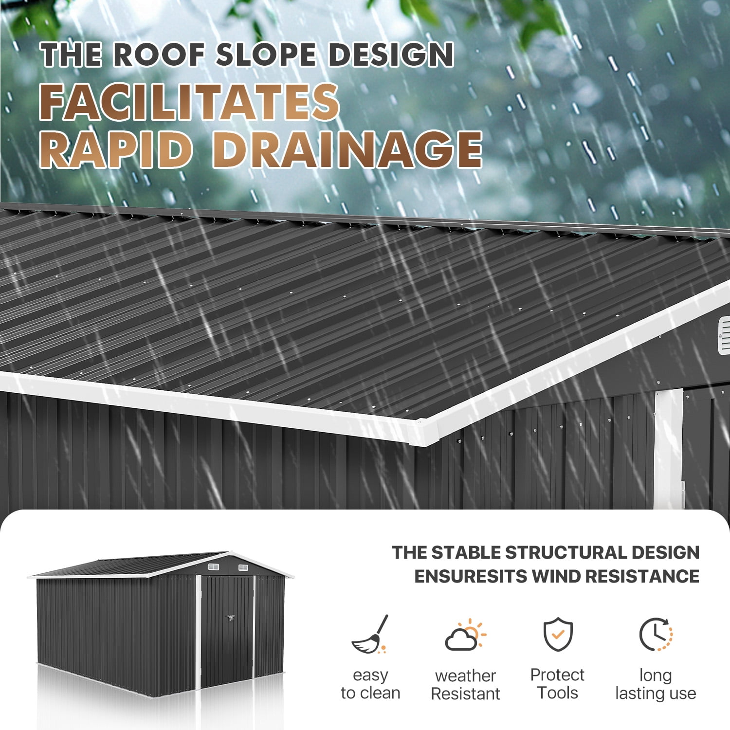 BaPiPro 10x12FT Outdoor Metal Storage Shed with Lockable Doors, Garden Tool Shed Bicycle Shed, Black