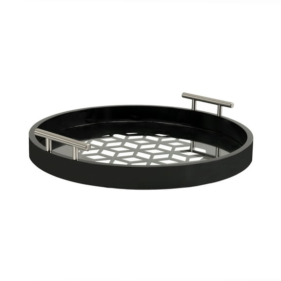 Kate and Laurel Caspen Cut Out Pattern Decorative Round Tray with Silver Metal Handles, 16 x 16, Black and Silver, Modern Glam Serving Tray with Handles for Living Room Decor