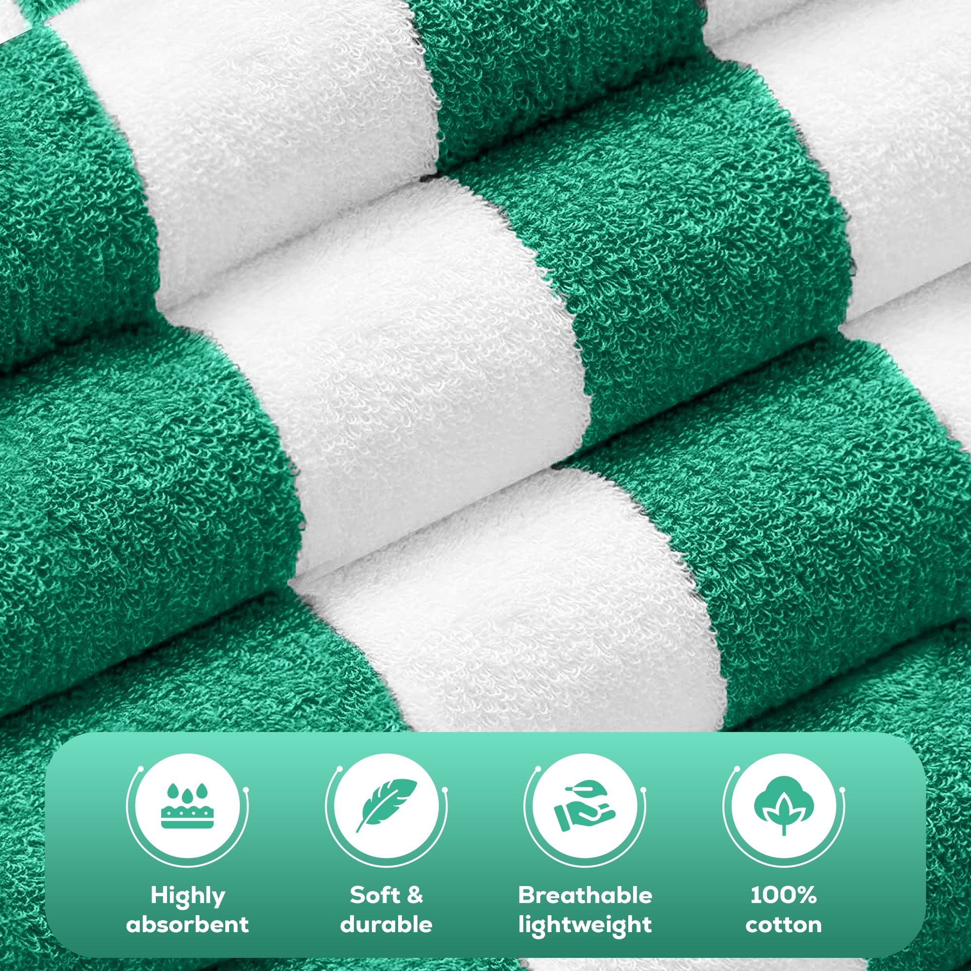 Bliss Casa 100% Cotton Beach Towels (4 Pack, 30 x 60 Inch) - Extra Soft & Highly Absorbent Summer Pool Towel Oversized Cabana Stripe (Blue, Green, Grey & Yellow)