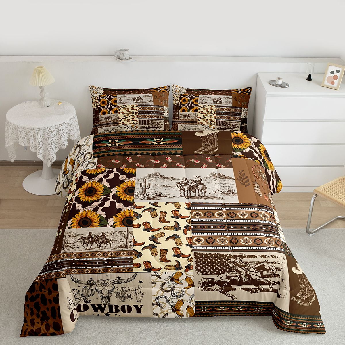 Western Cowboy King Size Bedding Sets American Tribal Wild Desert Comforter Wildlife Cow Exotic Horse Shoe Comforter Set Teenagers Brown Lattice Down Comforter with 2 Pillowcases