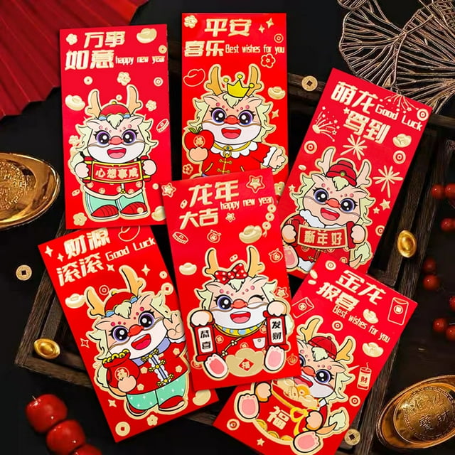 Ruiboury 6 Pcs Enveloppes Rouges Chinoises en Papier Symbole de Bonne Fortune et de Prospérité Symbole de Chance 209E, 6 Pcs 6.7 Pouces