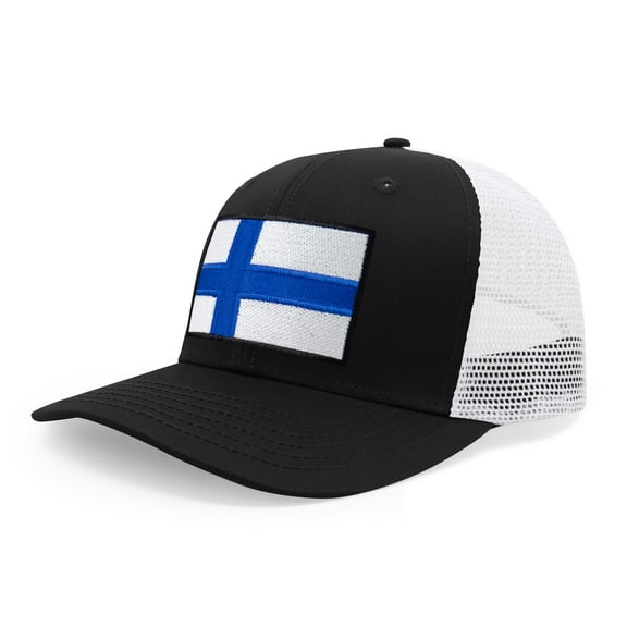 International Tie Finland Flag Hat for Men and Women - Adjustable Snapback Trucker Baseball Cap (Black White)