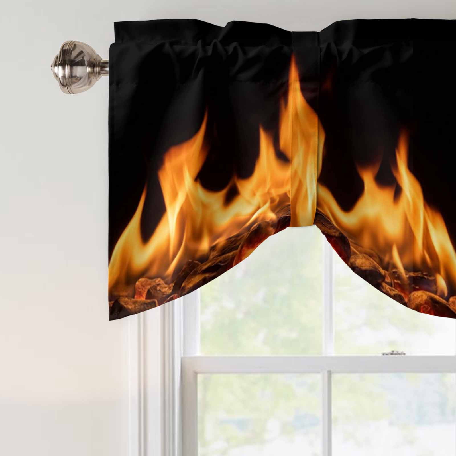 Orange Flames Tie Up Valances Curtain, Neon Style Black Background Kitchen Valances for Windows Decor, Rod Pocket Short Curtains Set for Bedroom/Bathroom, 54"x18"