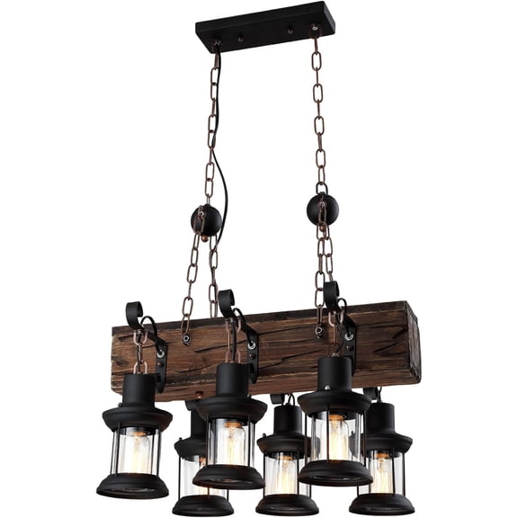 6 Light Industrial Rustic Wood Pendant Light with Cylinder Glass Shade Chandelier Lighting Hanging Ceiling Fixture Vintage Farmhouse Lighting for Kitchen Island Hallway Foyer