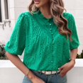thumbnail image 5 of SWSMCLT Women's Short Sleeve Top Soft Casual Button Up Shirt Blouse Ruffle Puff Sleeve Embroidered Button Fall Green X-Large, 5 of 5