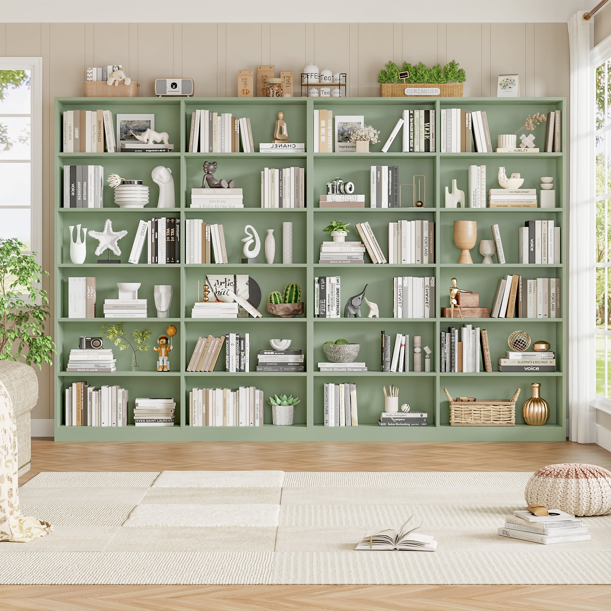Homfa 74.3” Double Wide 6-Tier Bookcase, Extra Large Wooden Freestanding Display Bookshelf for Home Office Living Room, Green