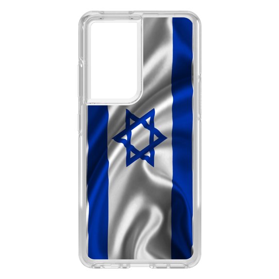 DistinctInk Clear Shockproof Hybrid Case for Galaxy S21 ULTRA 5G (6.8" Screen) - TPU Bumper, Acrylic Back, Tempered Glass Screen Protector - Israel Israeli Waving Flag - Love of Israel