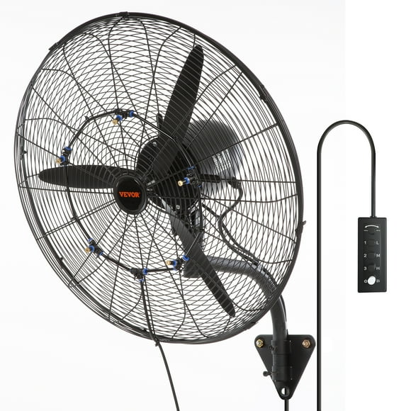 VEVOR Wall-Mount Misting Fan, 24 inch, 3-speed High Velocity Max. 7000 CFM, Waterproof Oscillating Industrial Wall Fan, Commercial or Residential for Warehouse, Greenhouse, Workshop, Black, ETL Listed