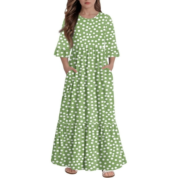 Abcomgle Summer Dress for Girls Casual A-Line 3/4 Sleeve Girls Long Dresses Polka Dot Crew Neck Sundresses Tiered Beach Dresses with Pockets,9-10 Years Green