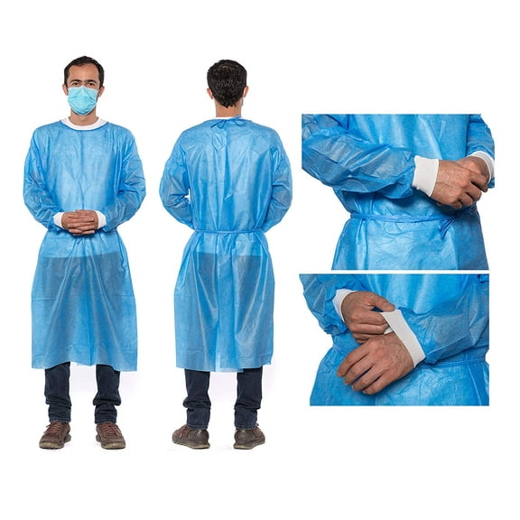 Level 2 Isolation Gowns, Blue SMS 35g with Knit Cuffs (10 Pack)