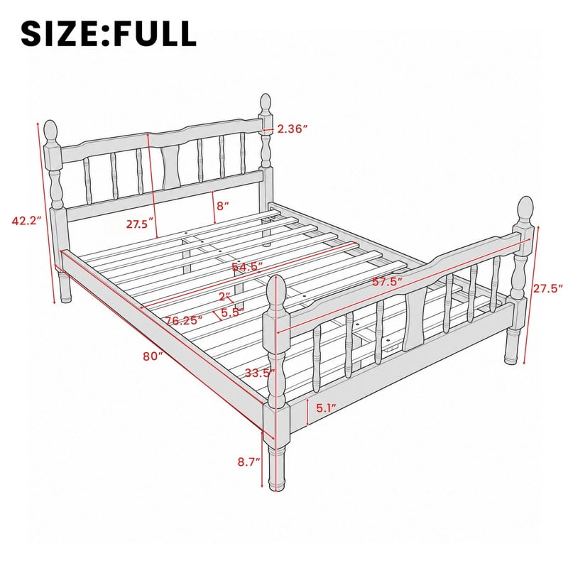 Euroco Wood Full Size Platform Bed Frame, Classic Farmhouse Bed Frame with Spindle Headboard, Walnut