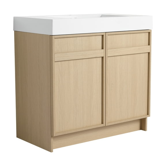 AVAXA Modern Freestanding Bathroom Vanity with White Resin Sink & Soft-Close Cabinet Doors in Oak Finish, Plywood, 36 Inches