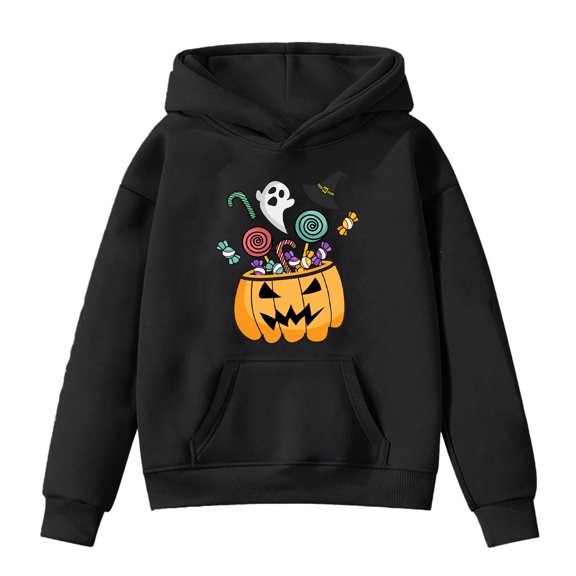 Tisuna Halloween Hoodies For Teen Girls Pumpkin Print Long Sleeve Hooded Tops Kids Breathable Theme Party Daily Hoody Clothes Size 4-5 Years Black