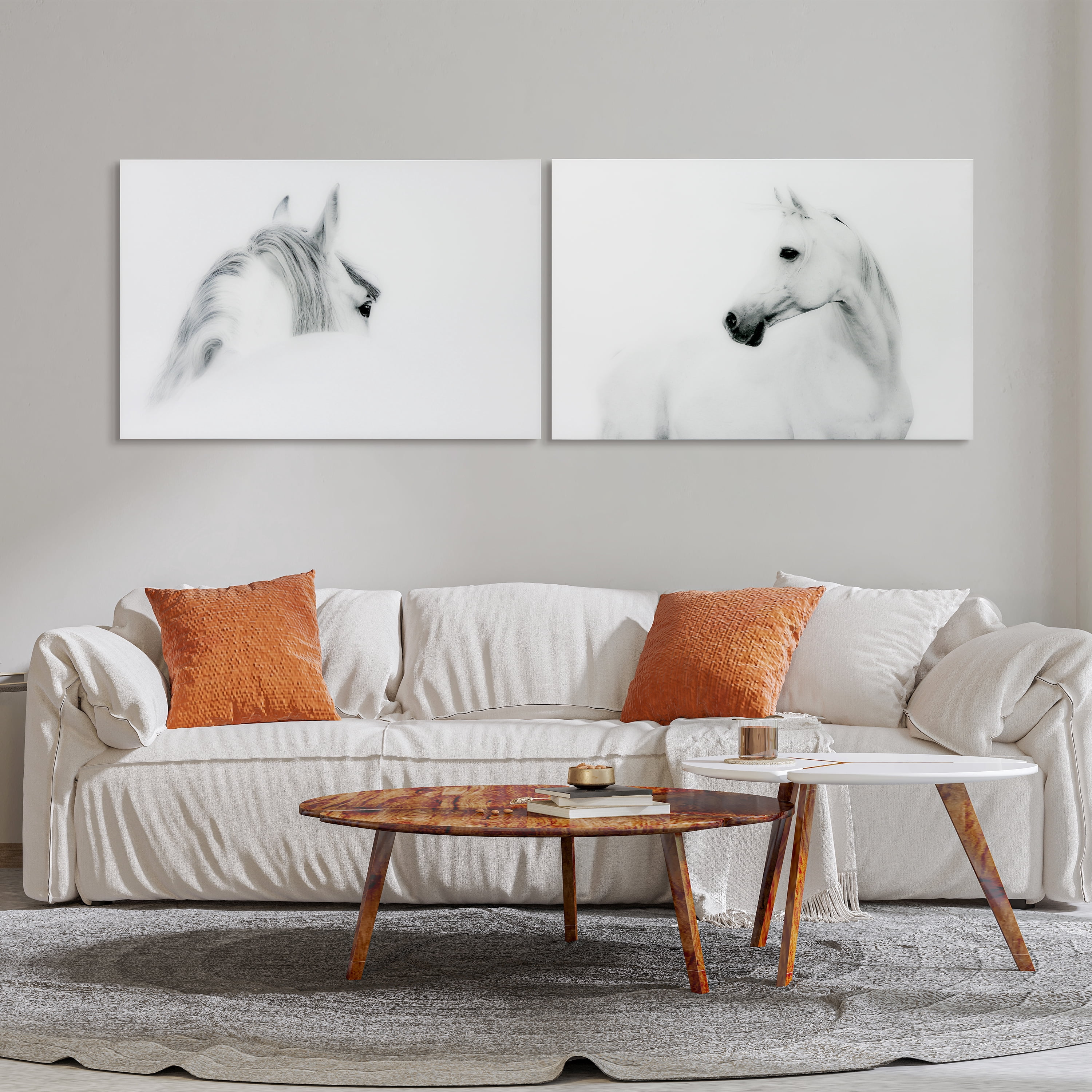 Empire Art Direct White Horses Set Frameless Free Floating Tempered Glass Panel Graphic Wall Art, 48" x 32" each, Ready to Hang
