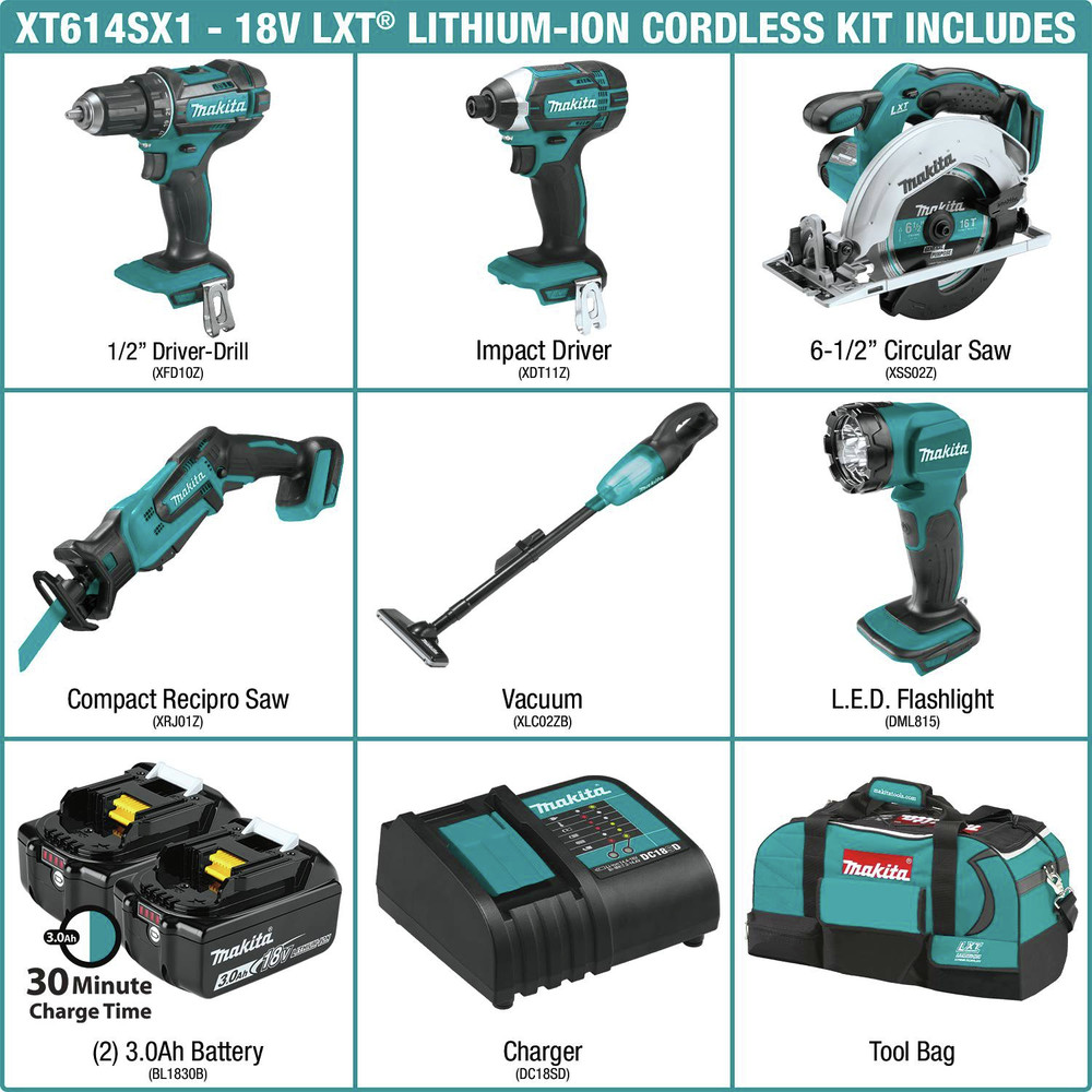 Makita-XT614SX1 18V LXT Lithium-Ion Cordless 6-Piece Combo Kit with (2)  3.0Ah Batteries, Charger  Tool Bag