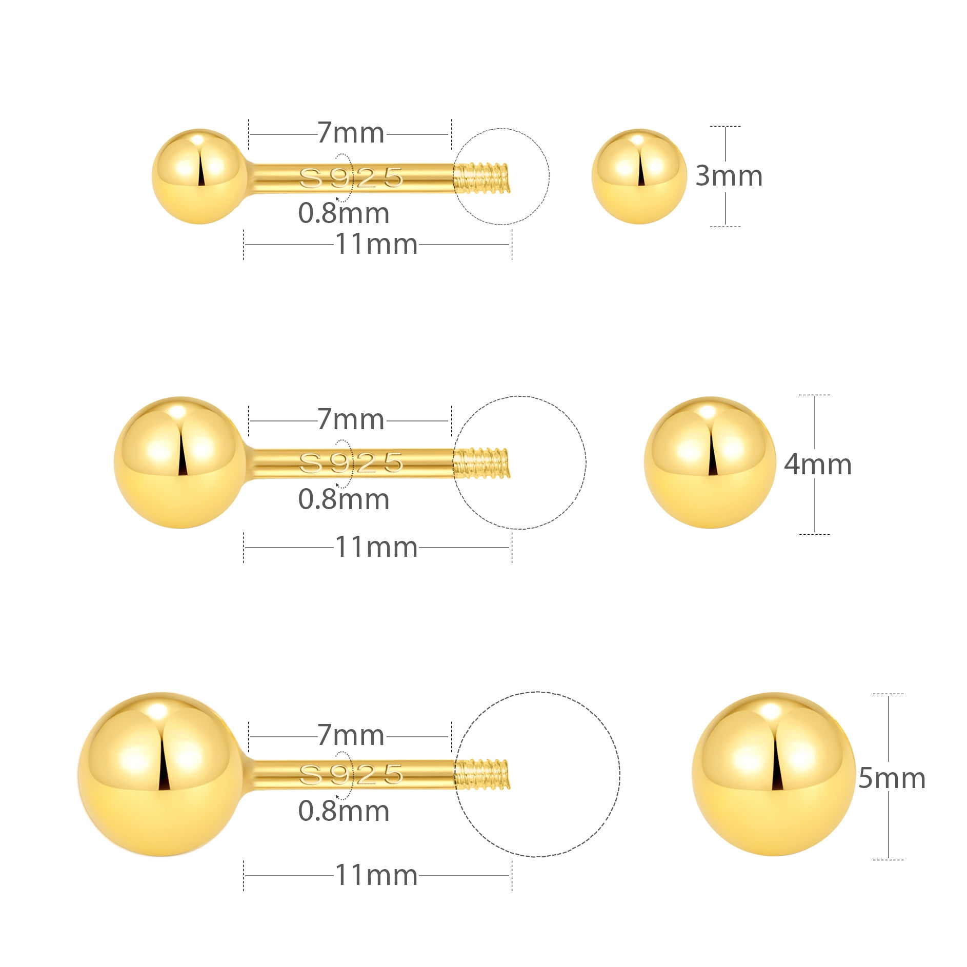 RYSKYJEWELRY Two Ball Stud Earrings, Screw Back , Solid 925 Sterling Silver, Unisex, All Ages
