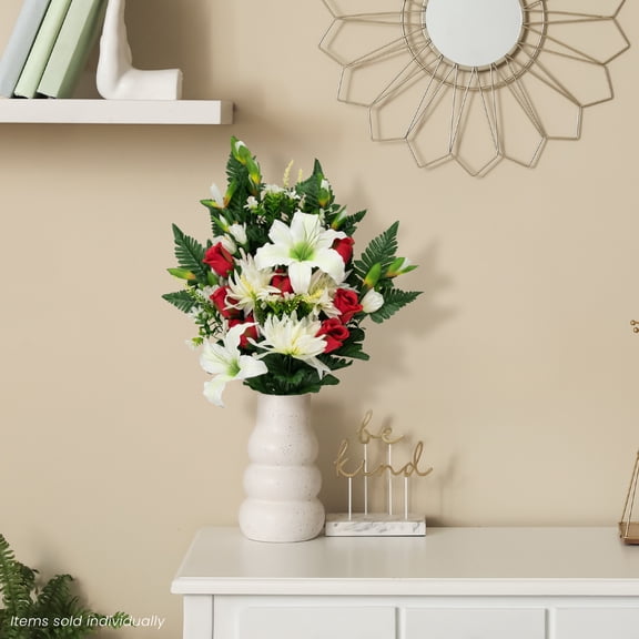 Allstate Dahlia, Lily and Rose Artificial Mixed Flower Bouquet - 26" - White and Red