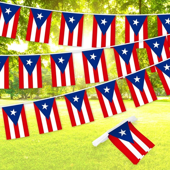G128 Puerto Rico PR Bunting Banner | Flag 8.2 x 5.5 Inch, Full String 33 Feet | Printed 150D Polyester, Decorations For Bar, School, Festival Events Celebration