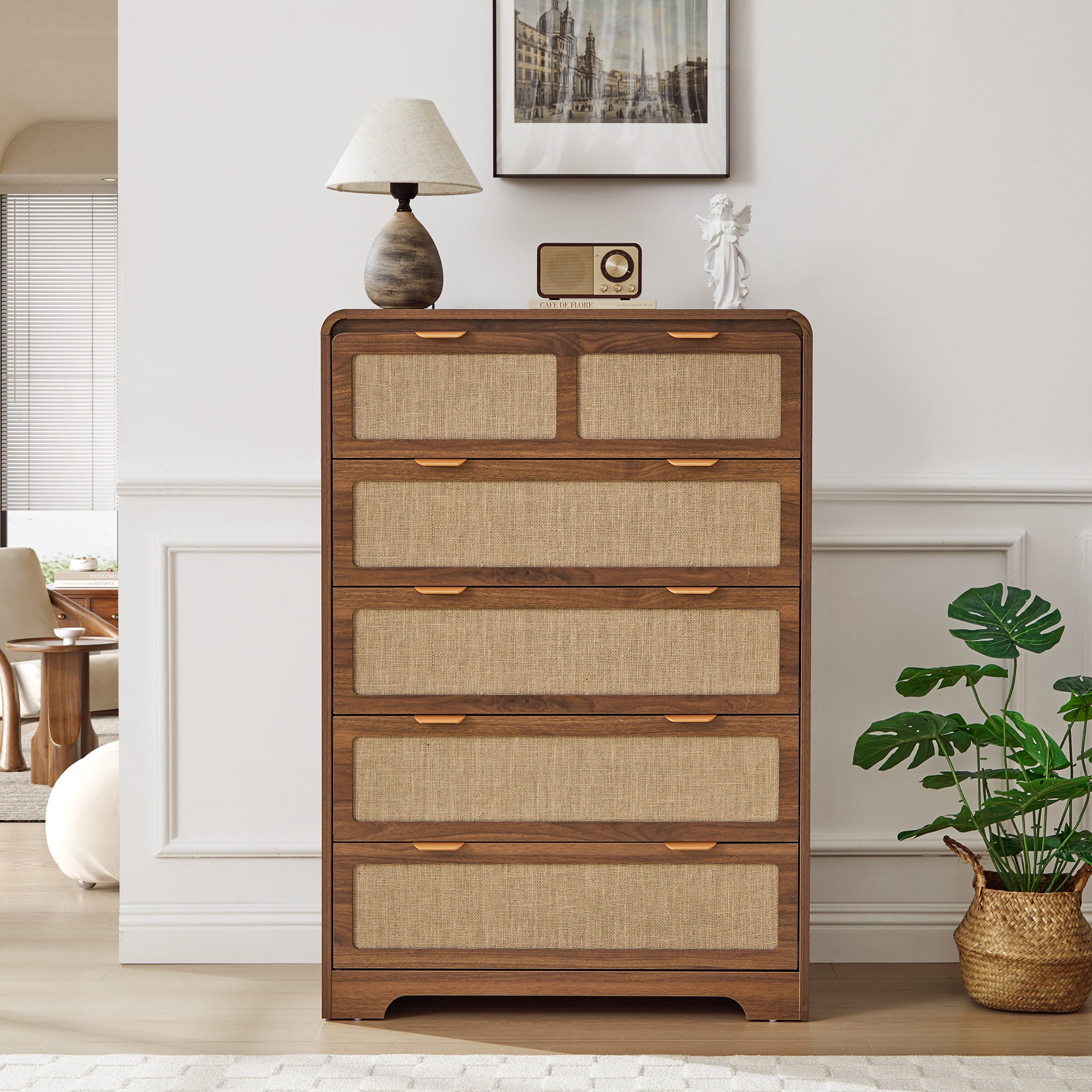 Wirrytor 5 Drawer Tall Rattan Bedroom Dresser, Boho Chest with Chest of Drawers with Curved Edge, Wood Closet Storage Organizer, Walnut