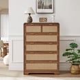 thumbnail image 3 of Wirrytor 5 Drawer Tall Rattan Bedroom Dresser, Boho Chest with Chest of Drawers with Curved Edge, Wood Closet Storage Organizer, Walnut, 3 of 13