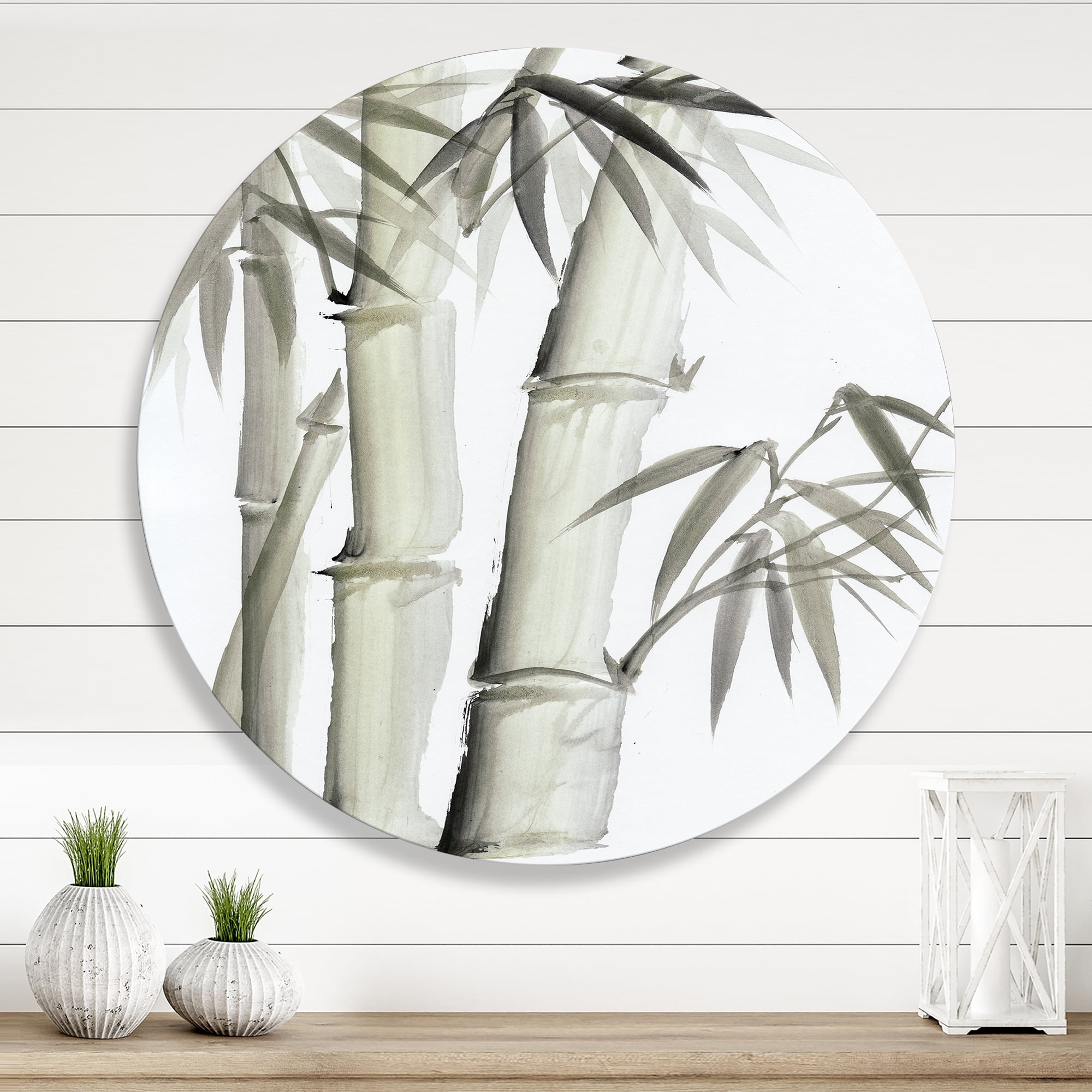 Designart 'Vintage Black and White Bamboo V' Lake House Circle Metal Wall Art 23x23 - Disc of 23
