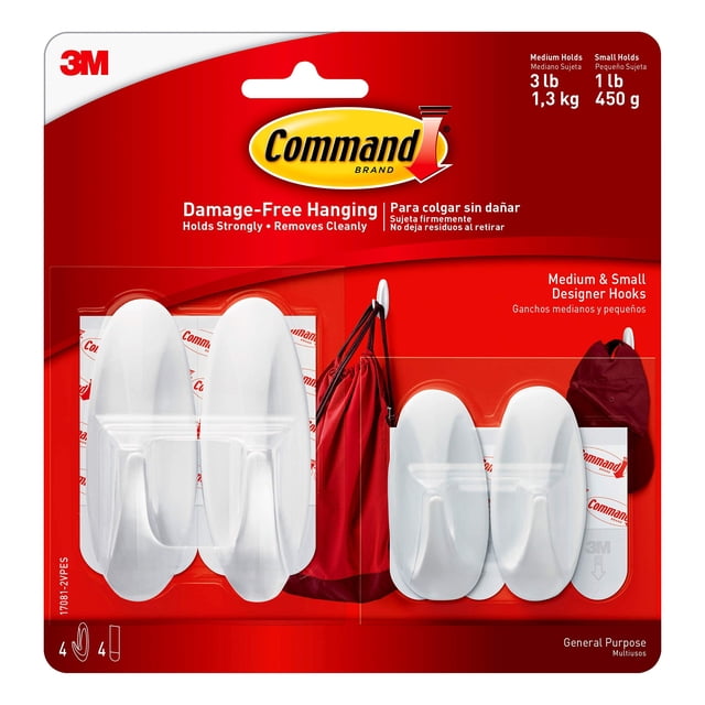 Ganchos de almacenamiento Command Designer, paquete variado, blancos, 2 pequeños y 2 medianos