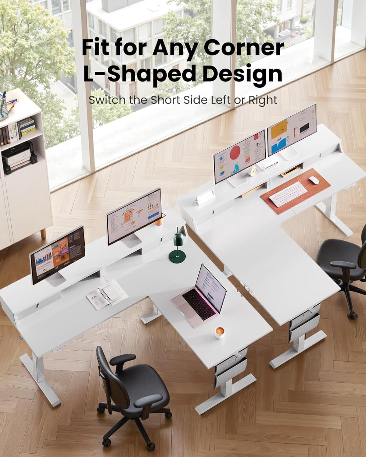 Kyspho L Shaped Electric Standing Desk, 63" Ergonomic Corner Height Adjustable Desk with Drawers, Sit Stand Computer Table with Storage for Work Office Home, White