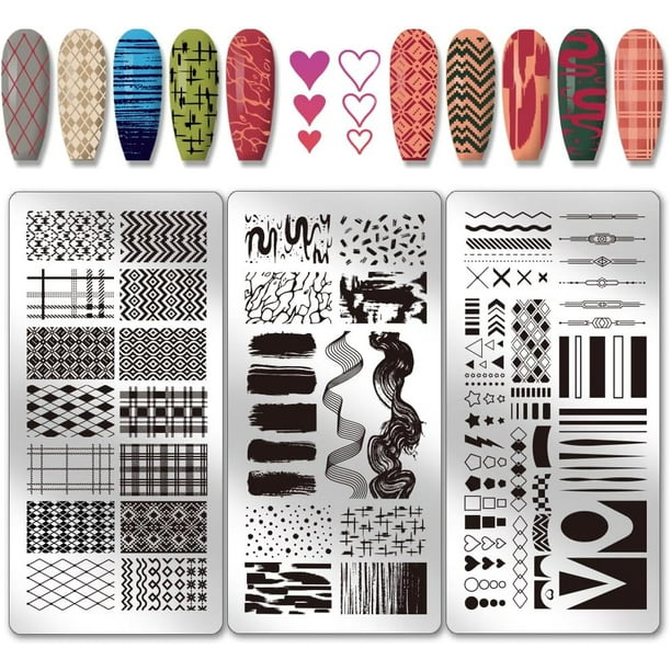 Juego de 3 placas de estampado de uñas con textura geométrica, diseño de líneas y cuadrícula, plantillas para manicura con rayas y estilo grafiti, placas minimalistas para uñas con imágenes.