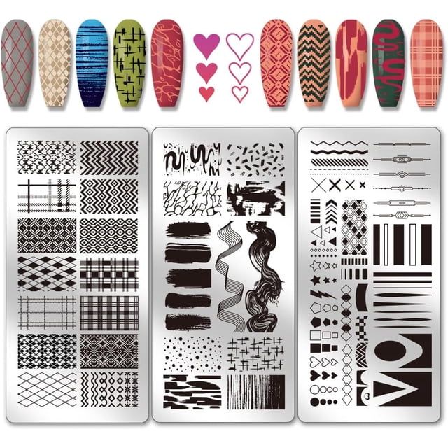 Juego de 3 placas de estampado de uñas con textura geométrica, diseño de líneas y cuadrícula, plantillas para manicura con rayas y estilo grafiti, placas minimalistas para uñas con imágenes.