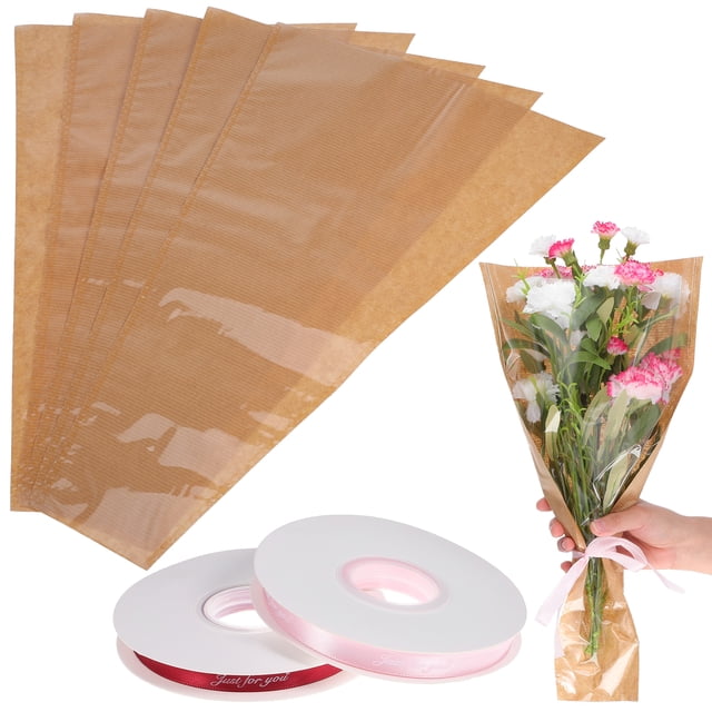 1 Set Flower Bags For Bouquets Flower Wrapping Paper Clear Front Flower Packaging Bags With Ribbons