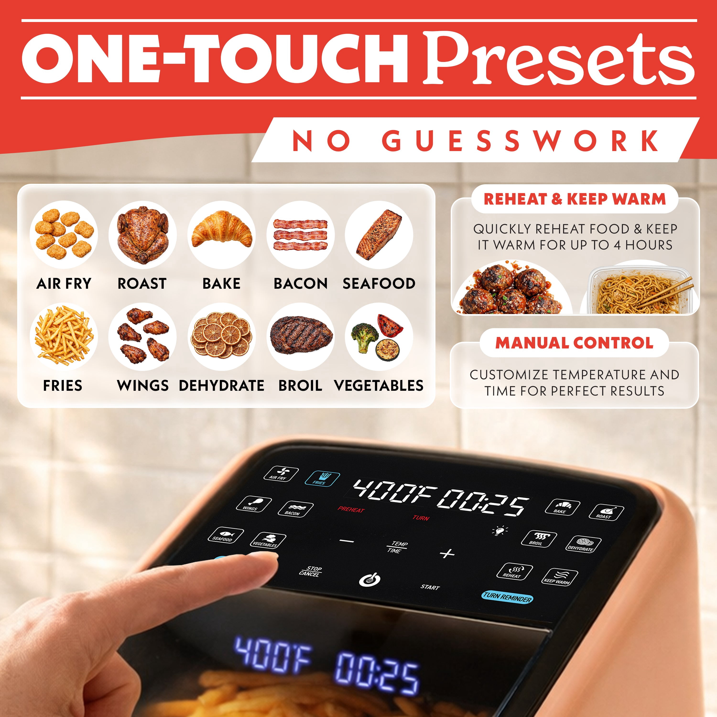 Gourmia Panorama 7-QT Digital Air Fryer with Panoramic View, Holographic Display, & 12 Presets, Peach