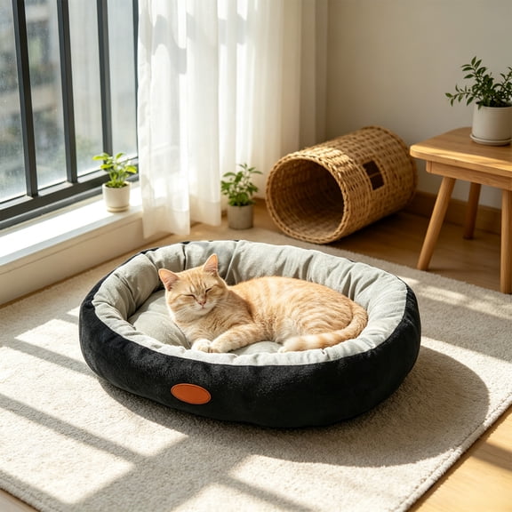 Oval Orthopedic Dog Bed with Washable Cover & Bolster Sides, All-Weather Cooling and Cozy Design, Non-Slip Base, Durable Fabric for Medium Dogs, Black, Supports Pets Up to 17 lbs