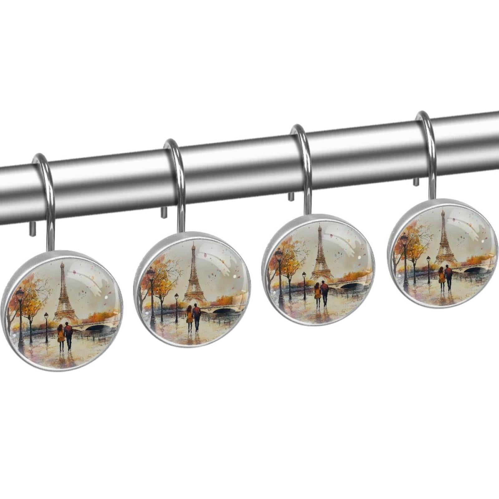 Watercolor Youngers on Paris Tower Shower Curtain Hooks Round Crystal Glass, Set of 12 Shower Curtain Rings - Shower Hooks for Curtain Shower Rings