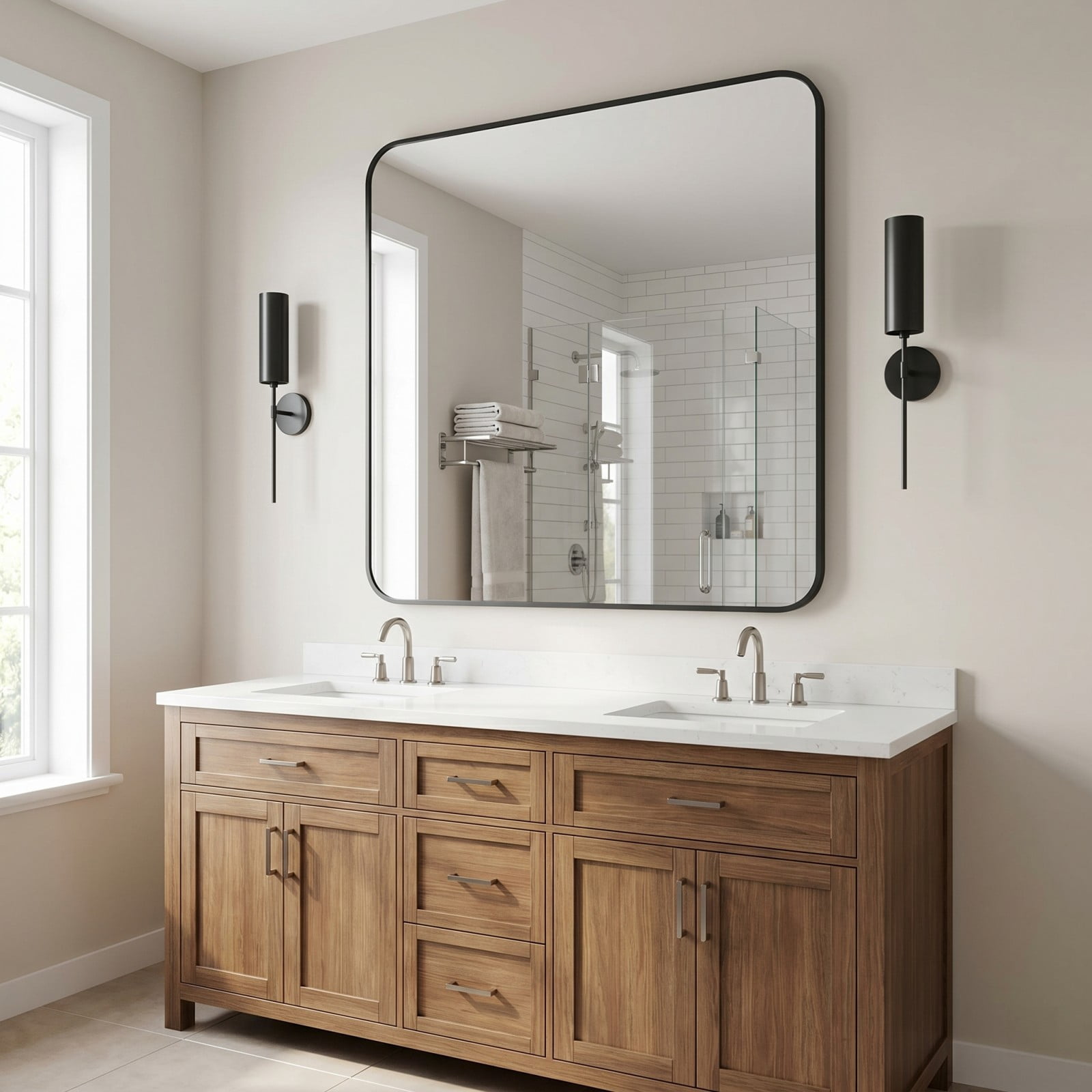 Gleamira 39"x39" Bathroom Mirror Wall-Mounted Mirror with Rectangular Metal Frame, Black