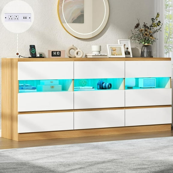 9-Drawer Triple Dresser with Charging Station and LED Lights, 63" TV Stand for TVs up to 75", Wide Large Drawer Organizer with 3 Cubbies for Living Room