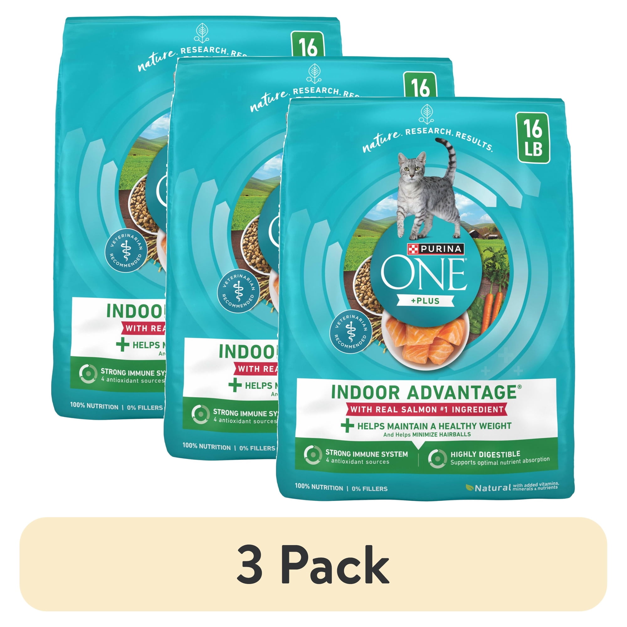 (3 pack) Purina ONE Plus, Indoor Advantage, Dry Cat Food, Salmon, 16 lb Bag