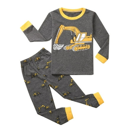 

nsendm Track Boys Baby Long Sleeve Boys Pajamas Car Outfit Kids Printed Cartoon Set 3 Month Baby Boy Clothes Grey 4-5 Years