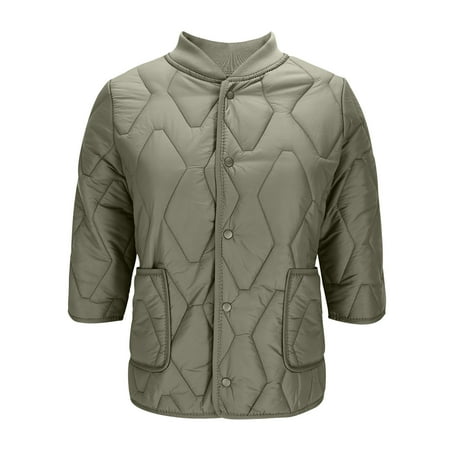 BLTIBY Women s Diamond Quilted Puffer Jacket Lightweight 3/4 Sleeve Button Down Coat Casual Warm Outwear with Pockets Khaki M