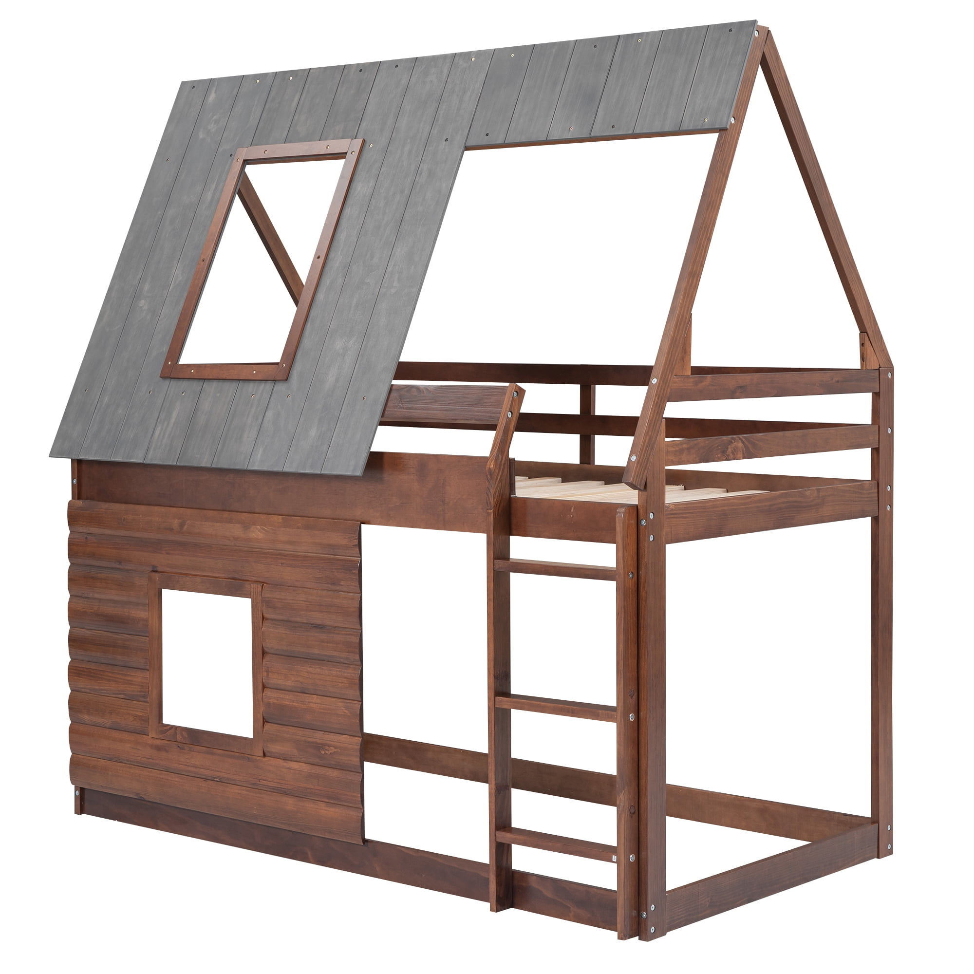 EUROCO Twin over Twin House Bunk Bed with Roof for Kids Teens Bedroom, Grey