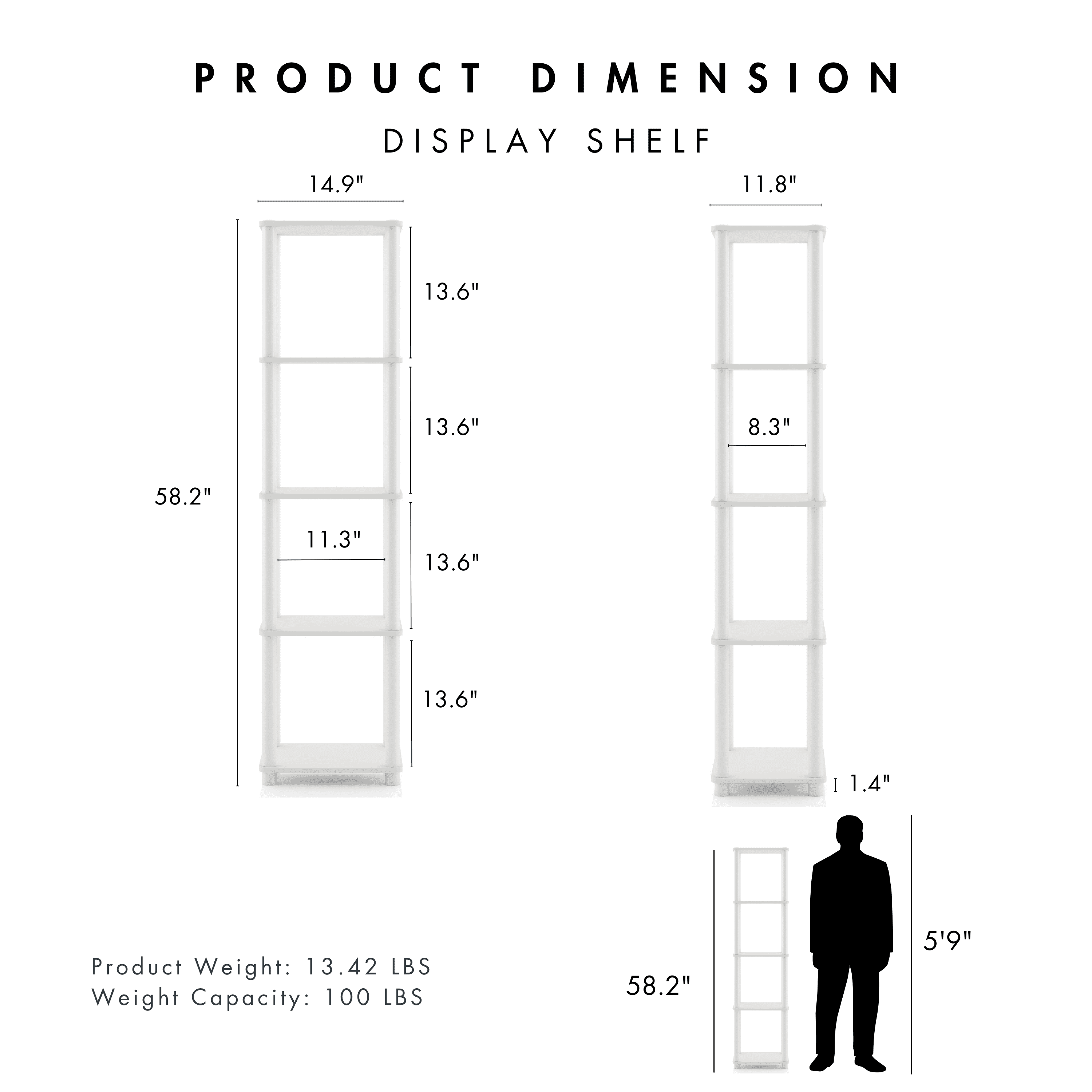 Furniture of America Brooks Adult Open Display Shelf Bookcase, 5-Tier 15-inch Shelves, White
