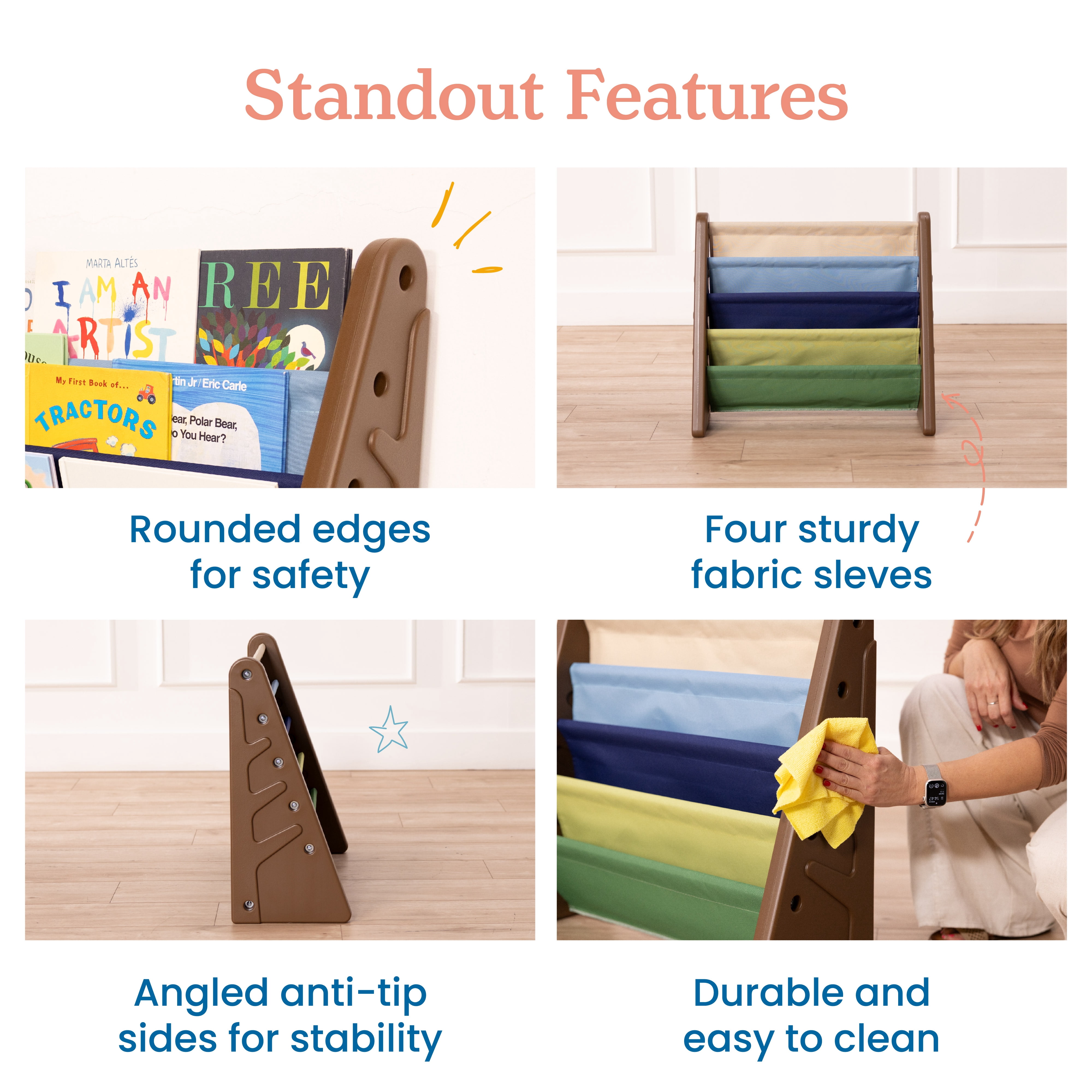 ECR4Kids 4-Tier Sling Book Display with Deep Fabric Pockets, Earthtone