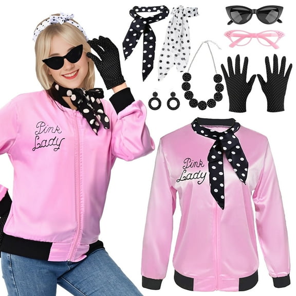 Alaiyaky Pink Ladies Jacket Grease Fancy Dress 1950s Costume for Women Adults with Accessories