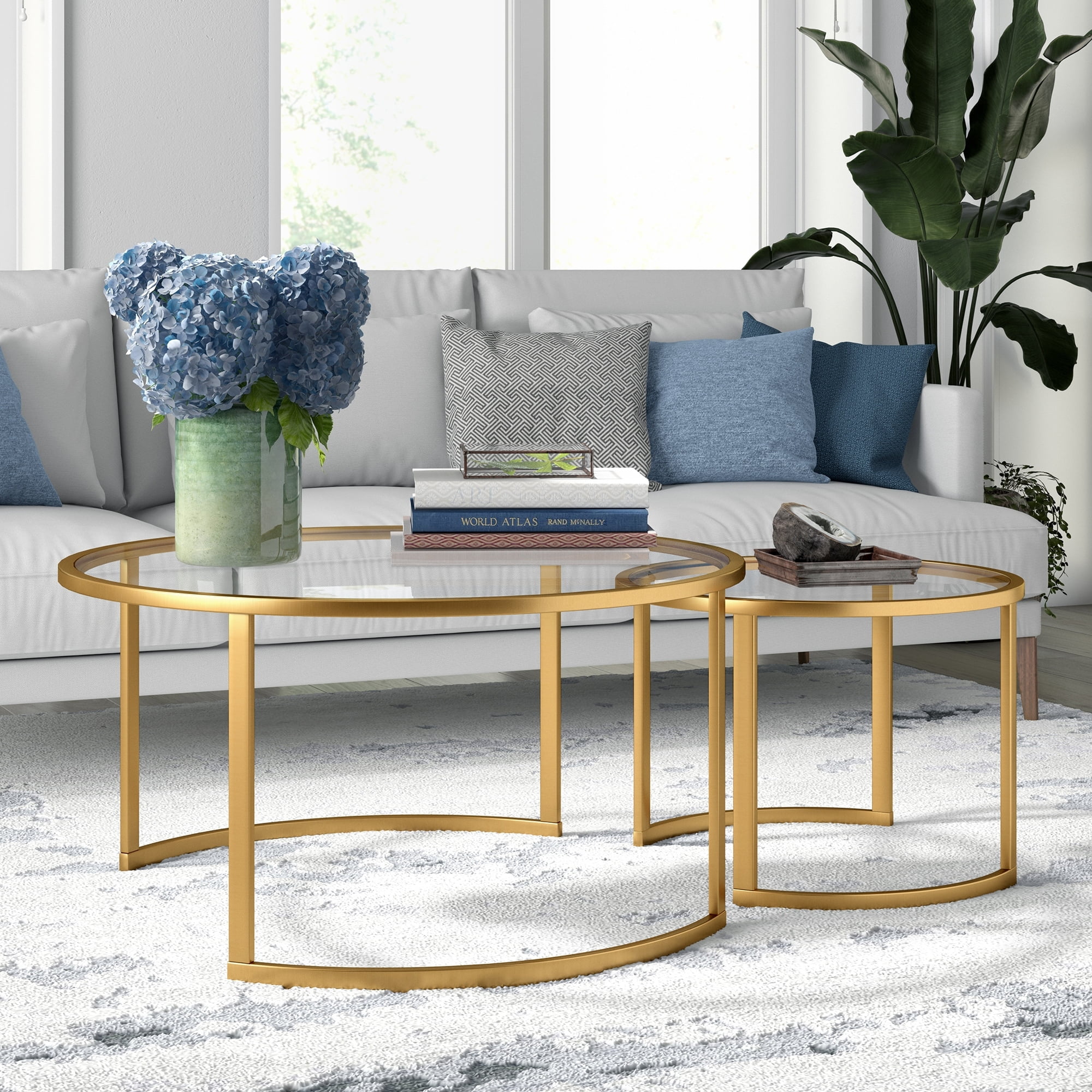 Evelyn&Zoe Metal Two Tier Glass Top Brass Coffee Table