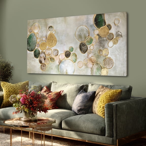 Abstract Gold Round Outline Canvas Wall Art, Textured Wall Painting, Abstract Artwork for Living Room, Bedroom, Office, Framed, Ready to Hang, 29"x58"