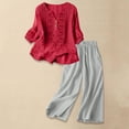 thumbnail image 2 of Women's Casual Solid Color Cotton Linen Embroidered Pants Suit Set, 2 of 8