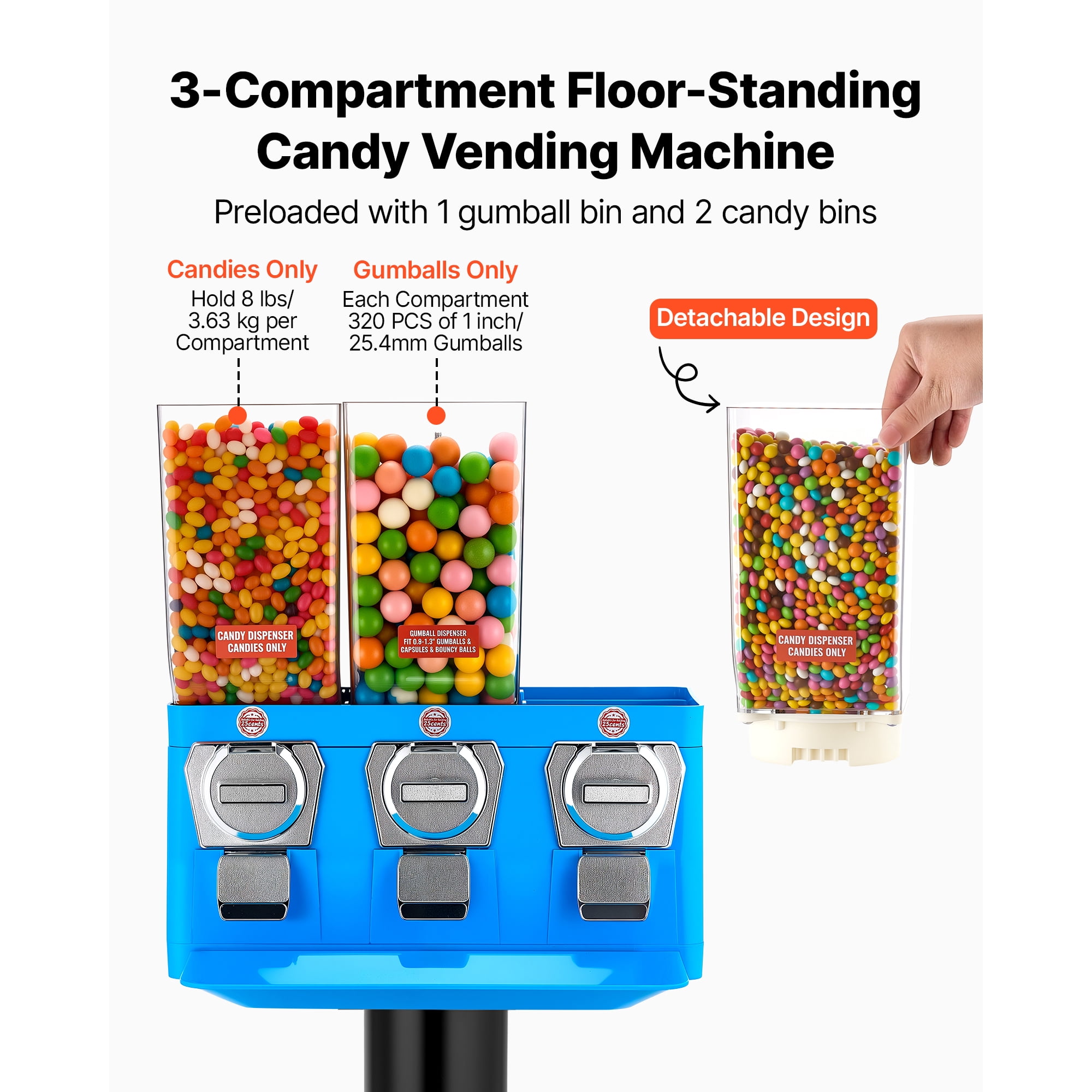 KFFKFF Triple Compartment Candy Vending Machine with Stand, Gumball and Candy Dispenser with Built-In Cash Box, Removable Design, Classic Candy Dispenser for Stores and Arcades